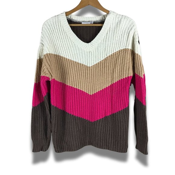 LUSH Ribbed V-neck Colorblock Chevron Sweater SMALL - Picture 1 of 7